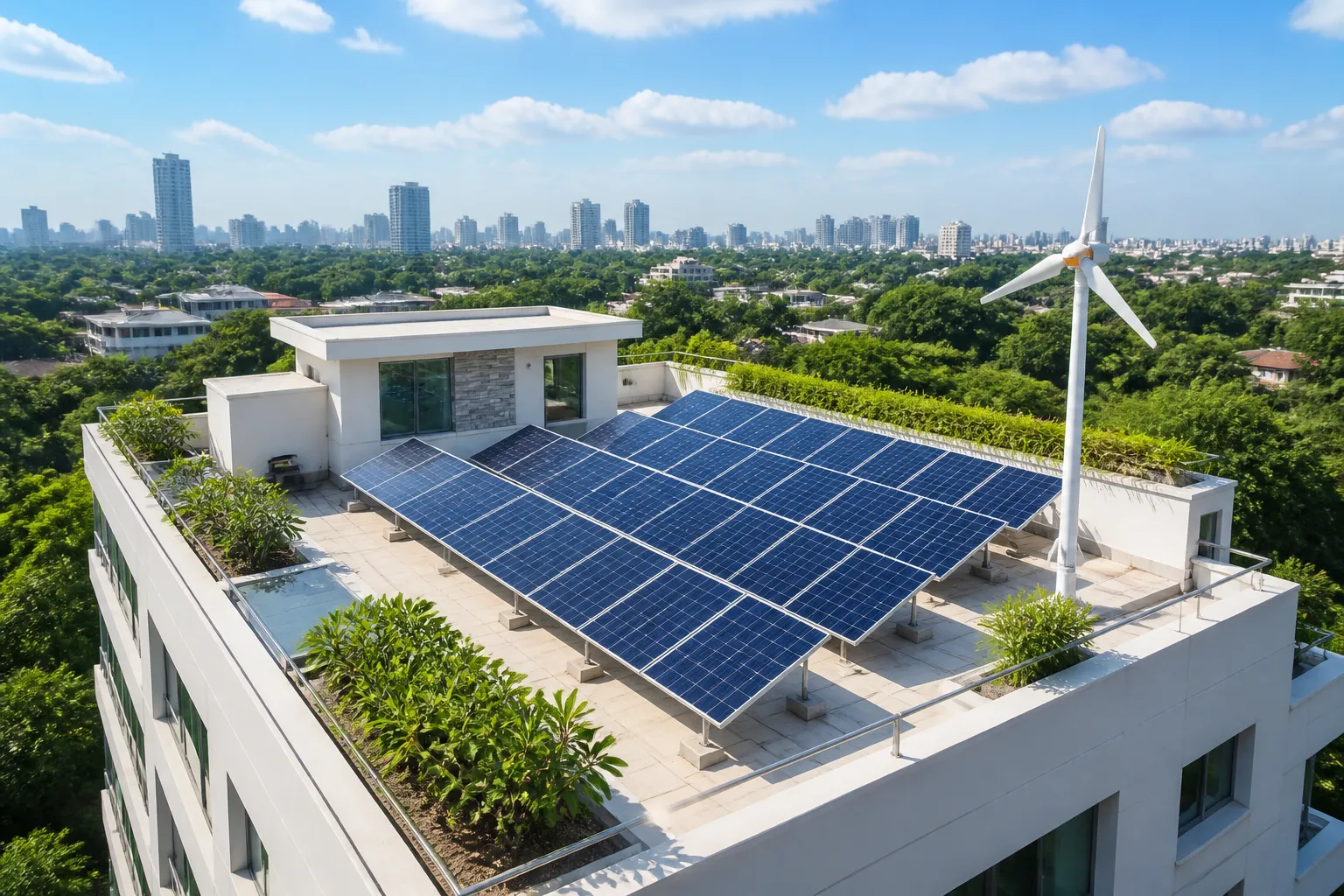 Modern rooftop solar and wind energy installation on an Indian building