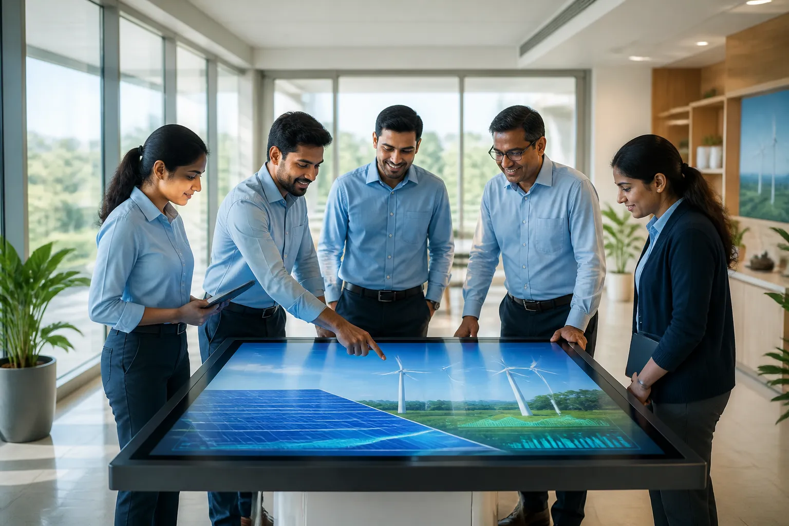 Ai ECUBE Technology team collaborating around an energy management dashboard