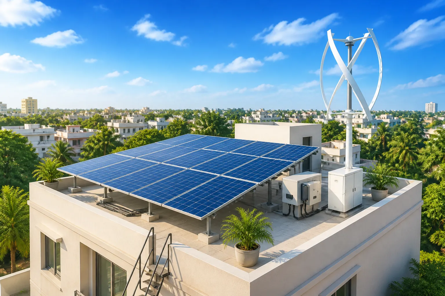 Complete solar and wind energy installation on a modern Indian rooftop with battery storage