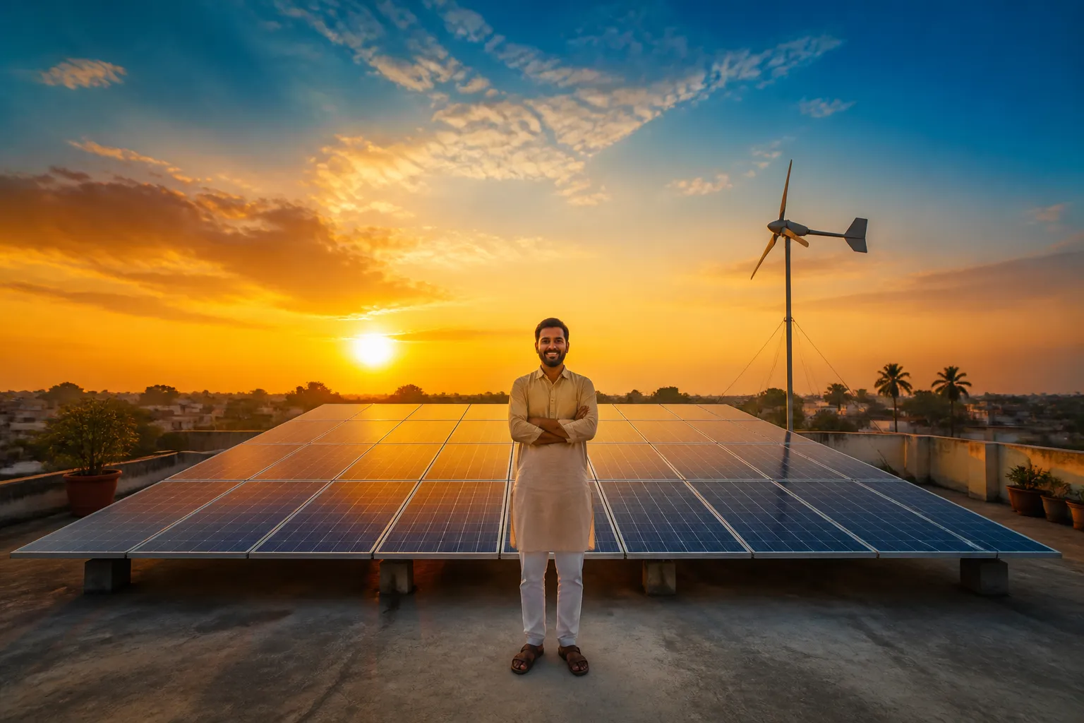 Sunrise over rooftop solar panels with a wind turbine in the background, representing free renewable energy
